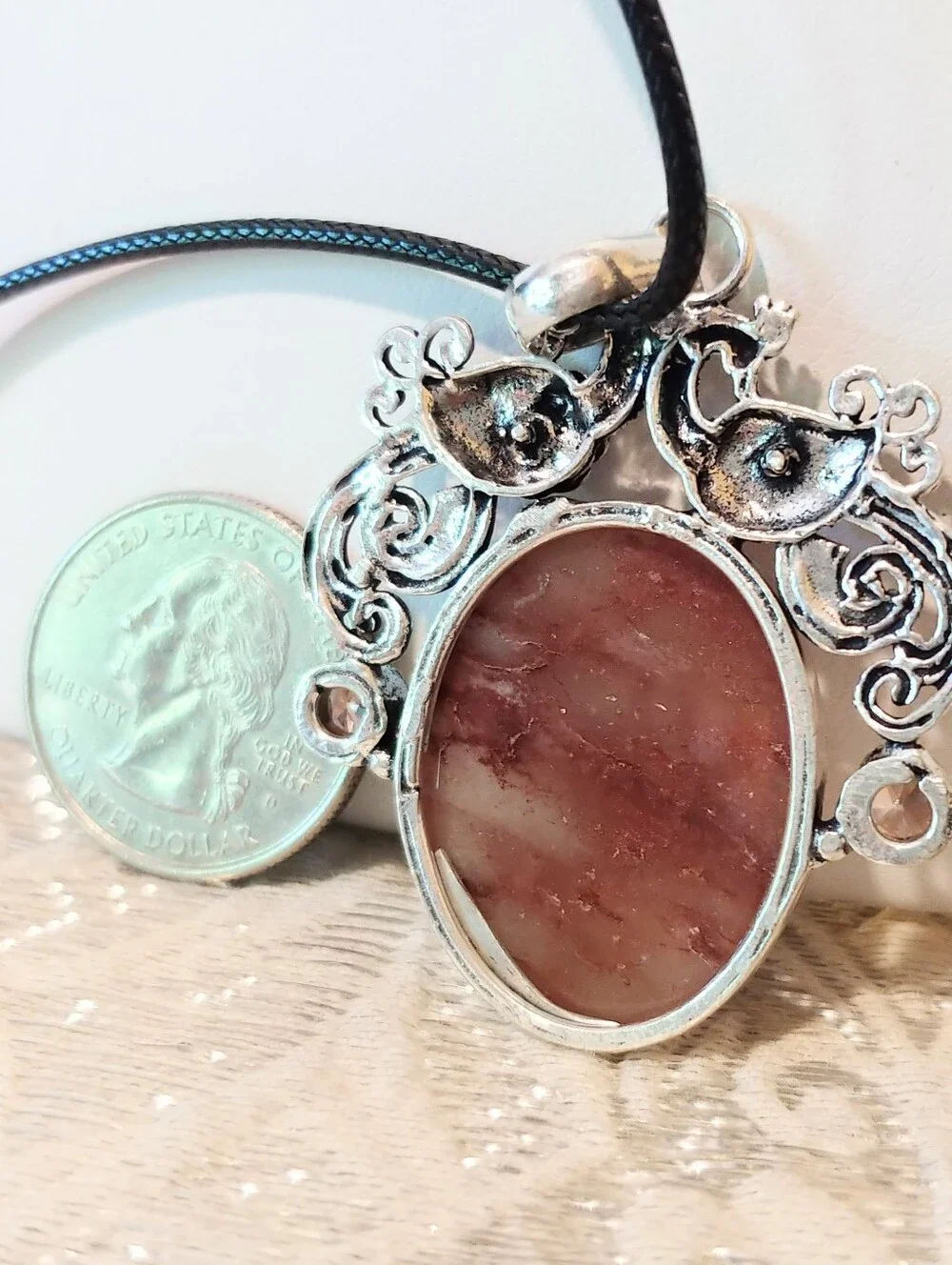 NWOT Natural Strawberry Quartz Double-Peacock Pendant .925 Sterling Overlay